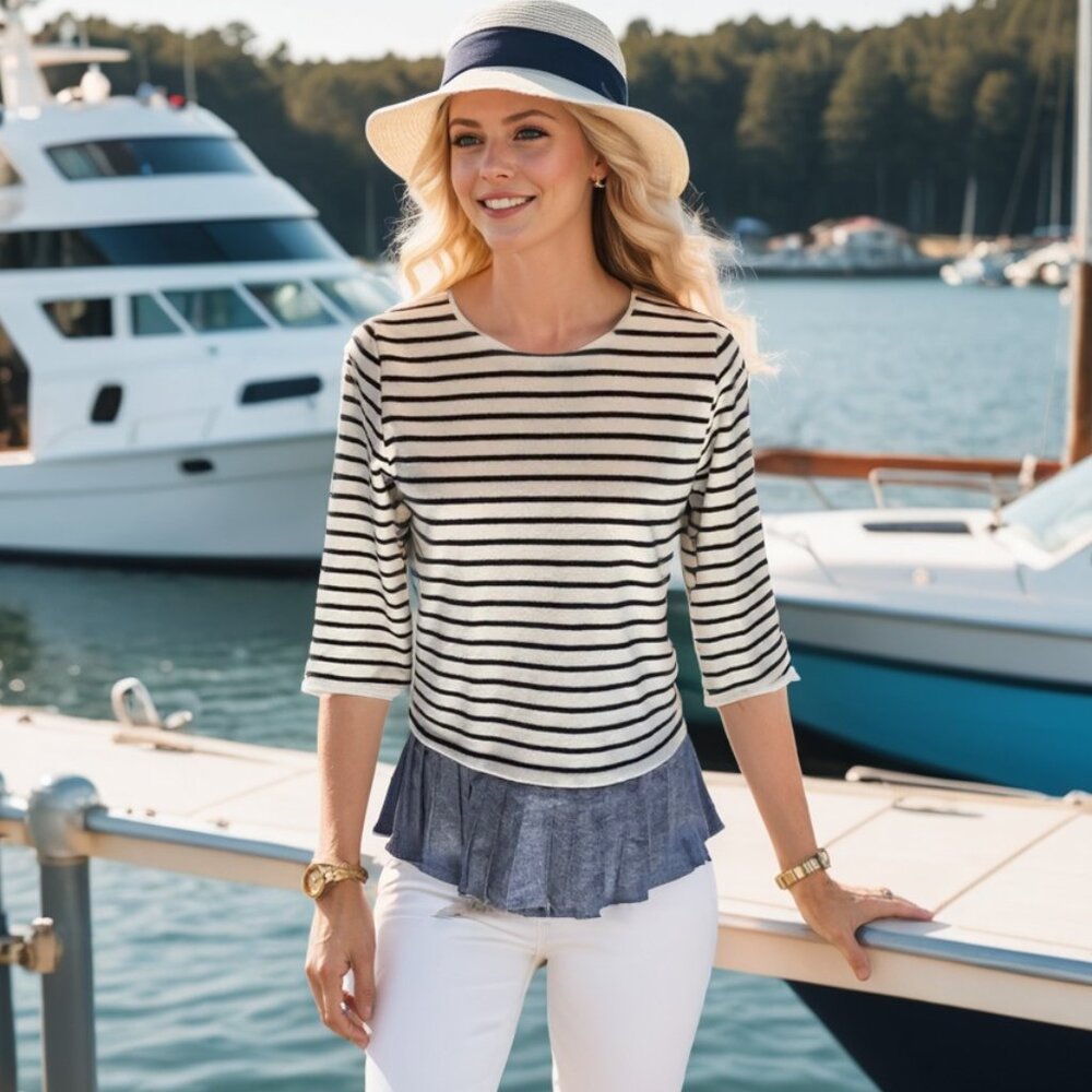 THML 3/4 Sleeve Striped Sweater w Pleated  Hemline